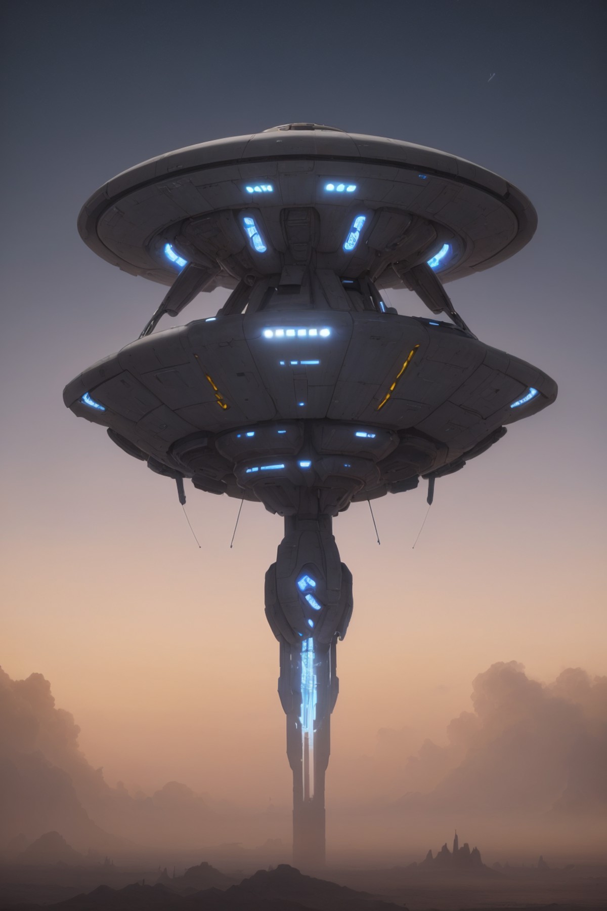 58409-12358-raw, spaceship_spaceship_ufo  _lyco_UFOMaker_0.35_ , flying, plasma engines, (cyberpunk ruined city_1.1), after rain, sunrise, c.png
